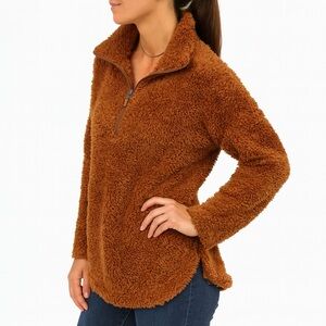 Jones New York Teddy Top 3/4 Zip Tunic Fluffy Funnelneck Cottage Après-ski BRN L